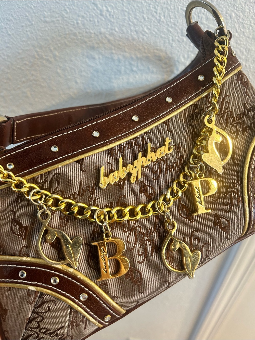 Baby Phat Brown Monogram Charm Shoulder Bag